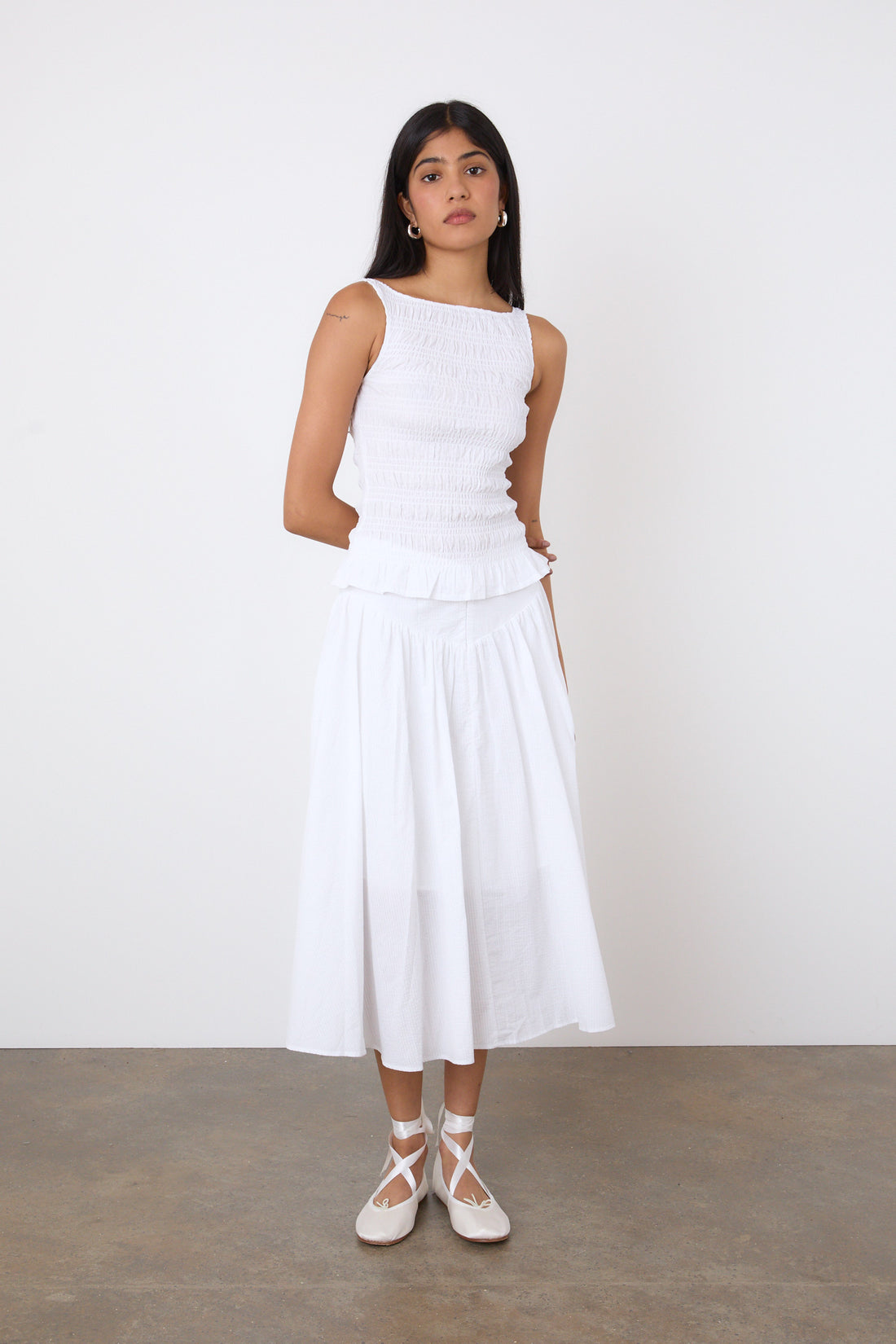 The Deba Seersucker Midi Skirt, Porcelain