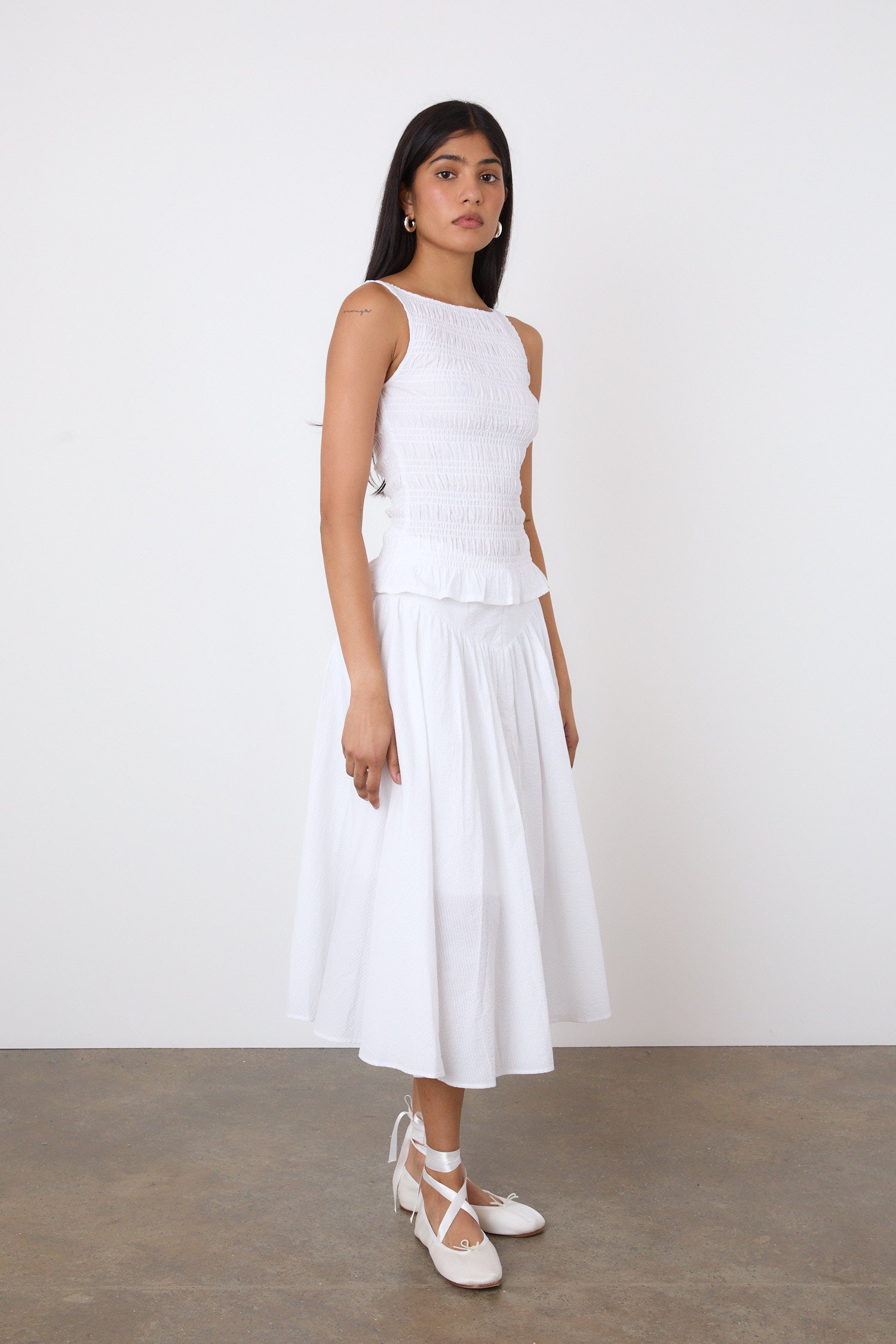 The Deba Seersucker Midi Skirt, Porcelain